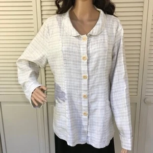 FLAX Linen Peter Pan Collar Off White Color Shirt Unlined Jacket Shacket Medium - Picture 1 of 12