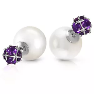 14K Solid White Gold Tribal Double Shell pearls And Amethysts Stud Earrings - Picture 1 of 4