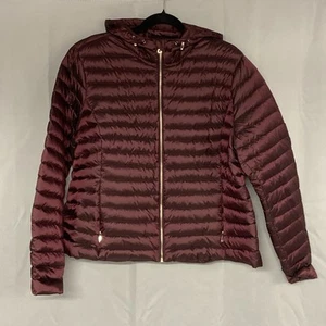 Per Una Burgundy Puffer Jacket Womens UK 22 Down Filled Hooded Pockets Coat - Picture 1 of 14