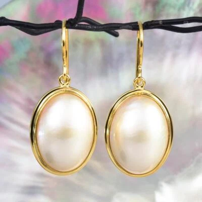 Ohrringe Weiße Mabe Perle Oval & 18K Gold Vermeil Über 925 Sterling Silber 5,80g - Bild 1 von 4