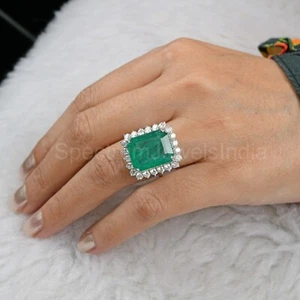 Anillo fino de diamantes H/SI naturales esmeralda zambiana 13,87 Tcw oro blanco 14k - Imagen 1 de 6