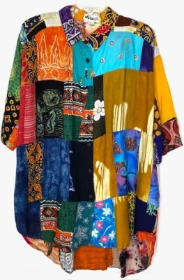 We Be B.O.P. Oversize Floral Print Patchwork Button-Up Shirt Tunic 2X Vintage - Image 1 of 4