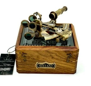 Antique Brass Pocket Sextant in Vintage Wooden Box – Nautical Marine Navigation - Picture 1 of 12