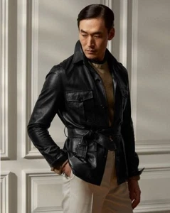 Black Leather Belted Coat Jacket Men Pure Lambskin Size S M L XL XXL Custom Made - Picture 1 of 4
