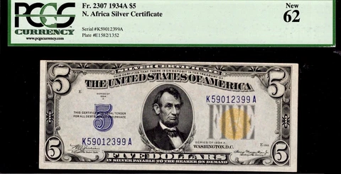 1934A $5 North Africa Silver Certificate Note PCGS New 62 Excellent Embossing Cover
