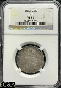 1822 CAPPED BUST QUARTER MINT ERROR CLIPPED PLANCHET NGC GRADE VF-30 (CBQ001) - Picture 1 of 5