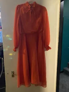 Vestido Vintage Años 60 Naranja/Rojo Gasa Coño Lazo Manga Abullonada Talla 8-10 - Imagen 1 de 2