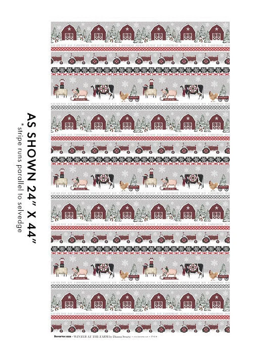 Christmas Winter Farm Stripe Fabric Barn Tractor Cotton Benartex By The Yard - Image 1 of 1