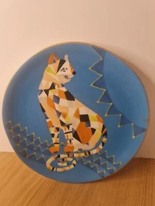 West Elm Mosaic Cat Sun Blue Round Ceramic Plate 8" EUC - Foto 1 di 2