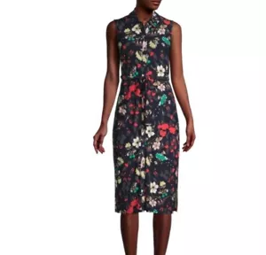 Tommy Hilfiger Navy Floral Belted Sleeveless Stretch Button Up Work Shirt Dress - Picture 1 of 14