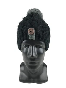 Moon Shadow Womens Black Gray 100% Acrylic Pom Top Knitted Beanie Hat One Size - Picture 1 of 11