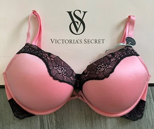 34D Victoria Secret Very Sexy Bombshell Add-2-Cups Push Up Lace Trim Pink Bra - Picture 1 of 2
