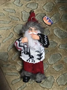 Rustic Santa ornament wearing Aztec Flair Isle sweater,fur trim carrying burlap - Picture 1 of 5