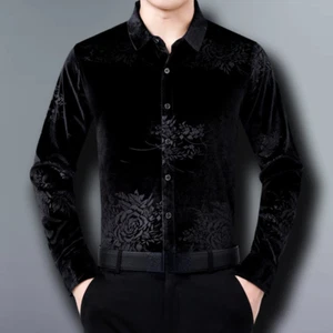 Stile Vintage Uomo Floreale Velluto Camicia Blusa Casual Top Business Ufficio - Foto 1 di 11
