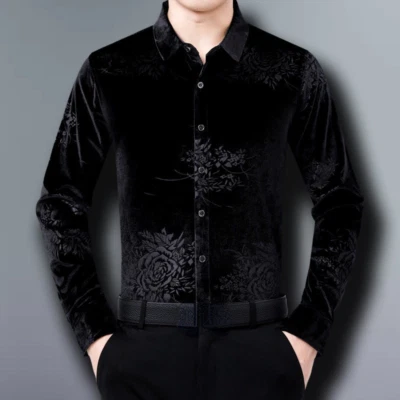 Vintage Style Mens Floral Velvet Blouse Shirt Casual Top Business Formal Office - Image 1 of 4