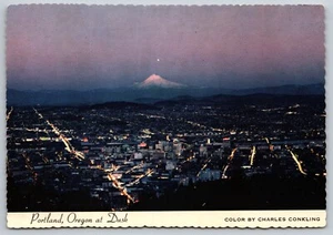 Postal Oregon Portland al atardecer noche Mount Hood 7A - Imagen 1 de 2