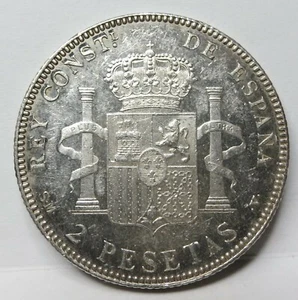 ESPAÑA Plata 2 Pesetas 1905 (05) SMV AU - UNC Rey Alfonso Corona de Pilares #C16 - Imagen 1 de 6