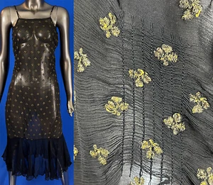 Vintage 30s Art Deco Black Silk Chiffon Gold Lame Embroidery Bias Cut Slip Dress - Picture 1 of 3
