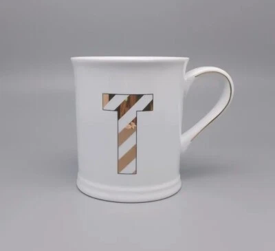 Taza blanca I Godinger & Co inicial "T" rayas doradas letras café té Foto 1 de 4