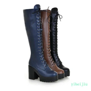 Women's Lace Up Platform Riding Boots Leather Block Heel Knee High Shoes Fashion - Picture 1 of 12