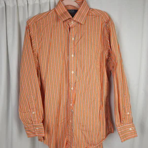 Polo Ralph Lauren uomo 16,5 32/33 arancione a righe reggente vestibilità personalizzata camicia elegante - Foto 1 di 7