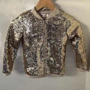 H&M Girls Gold Sequins Bomber Zip Jacket Size 6-7 Year - Picture 1 of 3