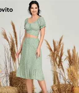 Women's Floral Print Puff Sleeve Tie-Back Midi Dress Green Size 4 Small - Picture 1 of 4