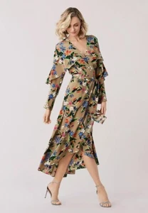 DIANE V FURSTENBERG ALICE CARAMEL/MULTI FLORAL MAXI SILK WRAP MIDI DRESS M $501 - Picture 1 of 5