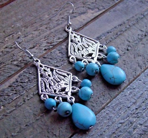 Turquoise Bead Earrings Chandelier Dangle Long Gypsy Cowgirl Fashion Jewelry - Picture 1 of 4