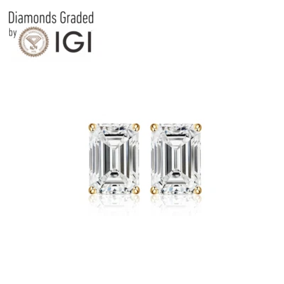 IGI 2 Ct FVS1 Emerald Lab Diamond Basket Stud Earrings Push Back 14K Yellow Gold - Image 1 of 4