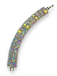 Aurora Borealis Crystal Rhinestone Bracelet 6.75" Fold Over Clasp Vintage - Picture 1 of 8