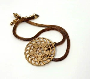 Vintage Pendant Necklace Gold Tone Metal Mesh Chain Floral Filigree Jewellery - Picture 1 of 8