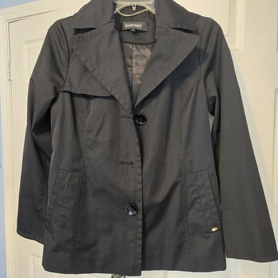 Ellen Tracy 雨衣女式小号黑色腰带风衣隐藏式连帽拉链 — 第 1/3 张图片