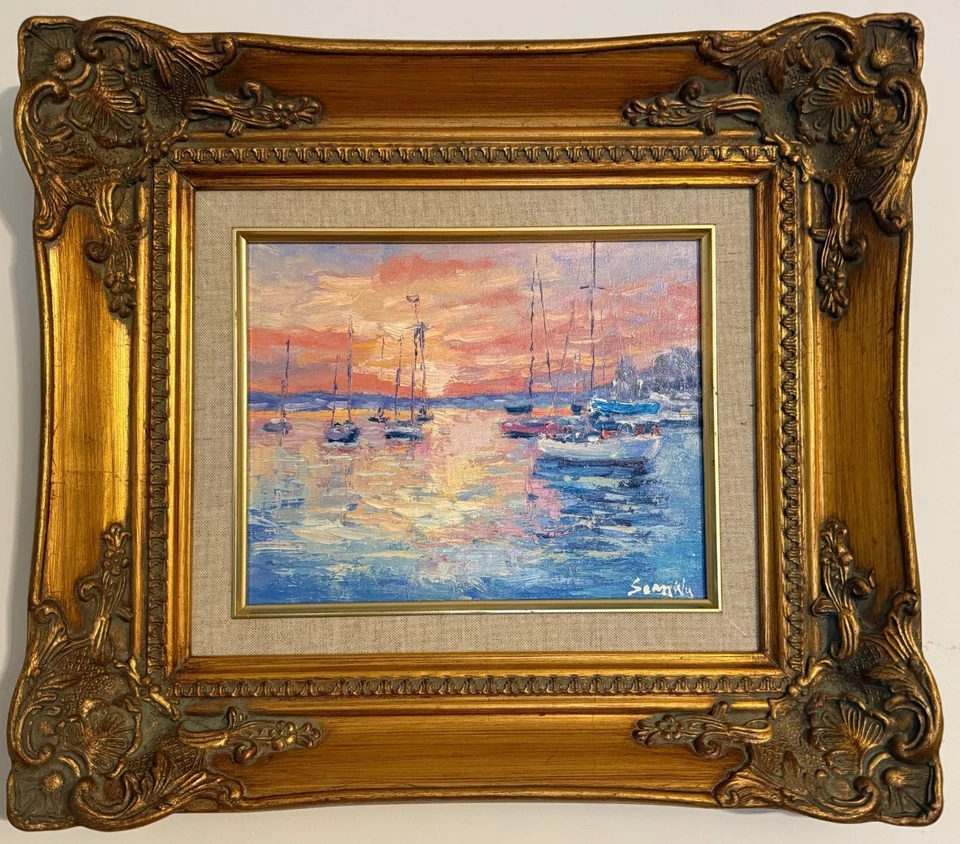 Pintura al óleo impresionista - Veleros al atardecer - Marco dorado ornamentado Foto 1 de 3