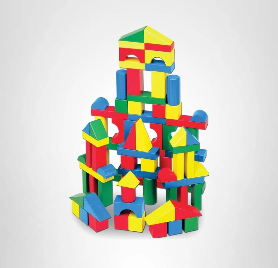 Conjunto de 100 blocos de construção de madeira Melissa & Doug de brinquedos de classificação e empilhamento - Imagem 1 de 4