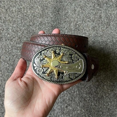 "Cinturón marrón con diseño de trenza tejida de cuero genuino hebilla ovalada Western Rodeo 40""" Foto 1 de 4