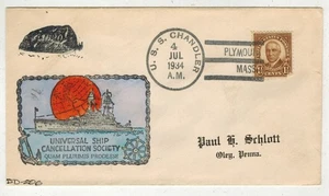 1934 NAVY NAVAL USS CHANDLER PLYMOUTH & UNIVERSAL SHIP CANCEL SOC. ADDED - Picture 1 of 1