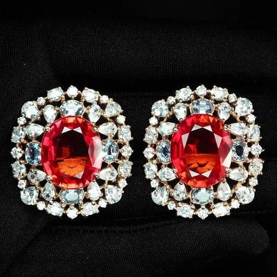 925 Sterling Silver Rose Gold Earrings Glittering Sunset Orange Sapphire 43.85Ct - Image 1 of 4