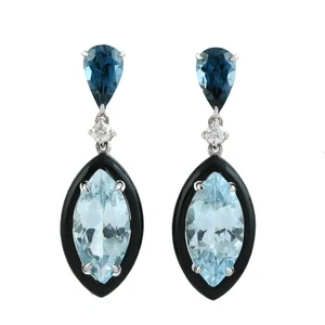 Orecchini pendenti marchesa topazio blu onice diamanti in oro bianco 18 kt gi... - Foto 1 di 6