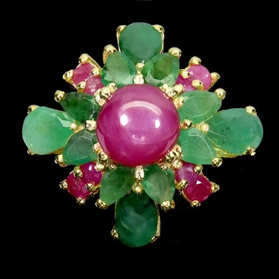 Anillo de plata de ley 925 redondo rubí 7 mm flor esmeralda piedras preciosas joyería tamaño 8 Foto 1 de 4