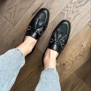 Women Loafers Genuine Leather Flat Shoes Metal Decoration Tassel Round Toe - Picture 1 of 26