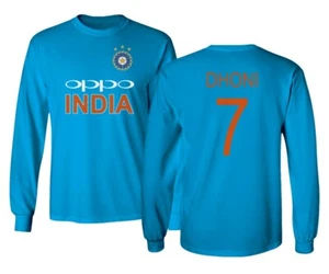 Cricket India Jersey Style Dhoni 7 Men's Long Sleeve T-Shirt - Picture 1 of 15