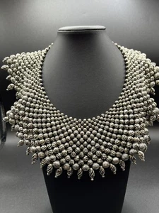 Vintage Silver Tone Large Beaded Bib Necklace 16.5” #478 - Picture 1 of 6