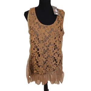 NWT Pretty Angel Womens Crochet Silk Blend Ruffle Layered Tunic Top Brown Large - Picture 1 of 11