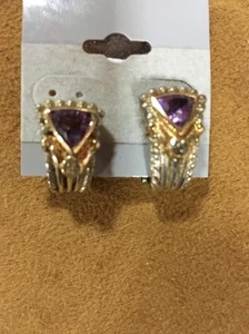 14kt Yellow Gold & Sterling Silver Amethyst Blue Topaz Leverback Earrings - Picture 1 of 12