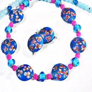 Necklace and earrings set, aqua blue pink artisan, clip on or pierced fittings - Picture 1 of 2