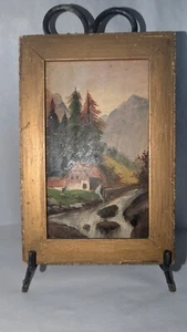 Arte popular vintage pintado a mano enmarcado escena de bosque rural - Imagen 1 de 7