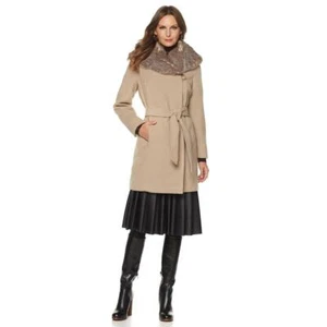 HAL RUBENSTEIN Size XL Sasha Wrap Coat Taupe with Tan Faux Fur Collar - Picture 1 of 5