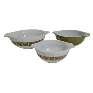 Pyrex Verde Square Cinderella Nesting Mixing Bowls Set Green White 442 443 444 - Picture 1 of 15
