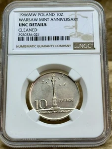 Poland 1966 10 Zł NGC UNC Detail Cleaned Warsaw Mint Ann. Key Data Low Mintage - Picture 1 of 7